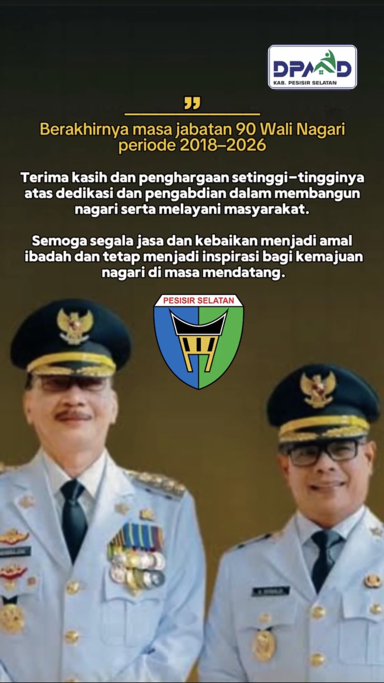 Ucapan Terimakasih dari Bupati dan Wakil Bupati Pesisir Selatan Kepada Wali Nagari Periode 2018-2026